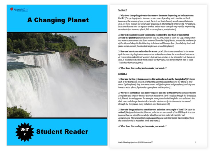 Student reader with image of a waterfall and questions