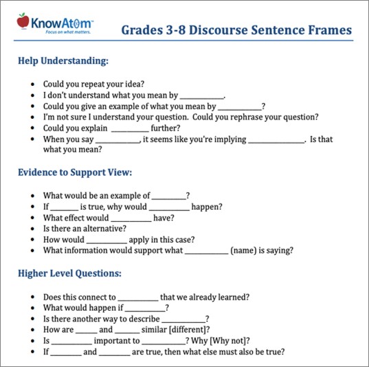 Discourse sentence frames worksheet
